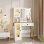 Coiffeuse avec miroir et lumières, Table de maquillage avec ampoules réglables, Plateau en MDF robuste et pieds en métal, Tiroirs et armoires de rangement intelligents pour chambre à coucher