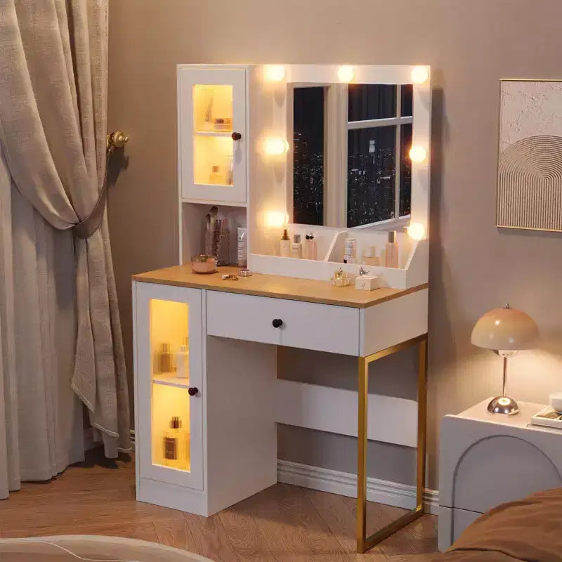 Vanity Desk with Mirror and Lights, Makeup Dressing Table w/Adjustable Bulbs, Sturdy MDF Top & Metal Leg, Smart Storage Drawers & Cabinets for Bedroom