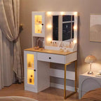 Coiffeuse avec miroir et lumières, Table de maquillage avec ampoules réglables, Plateau en MDF robuste et pieds en métal, Tiroirs et armoires de rangement intelligents pour chambre à coucher