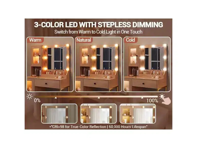 Vanity Desk with Mirror and Lights, Makeup Dressing Table w/Adjustable Bulbs, Sturdy MDF Top & Metal Leg, Smart Storage Drawers & Cabinets for Bedroom