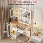 Coiffeuse avec miroir et lumières, Table de maquillage avec ampoules réglables, Plateau en MDF robuste et pieds en métal, Tiroirs et armoires de rangement intelligents pour chambre à coucher