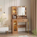 Vanity Desk with Mirror and Lights, Makeup Dressing Table w/Adjustable Bulbs, Sturdy MDF Top & Metal Leg, Smart Storage Drawers & Cabinets for Bedroom
