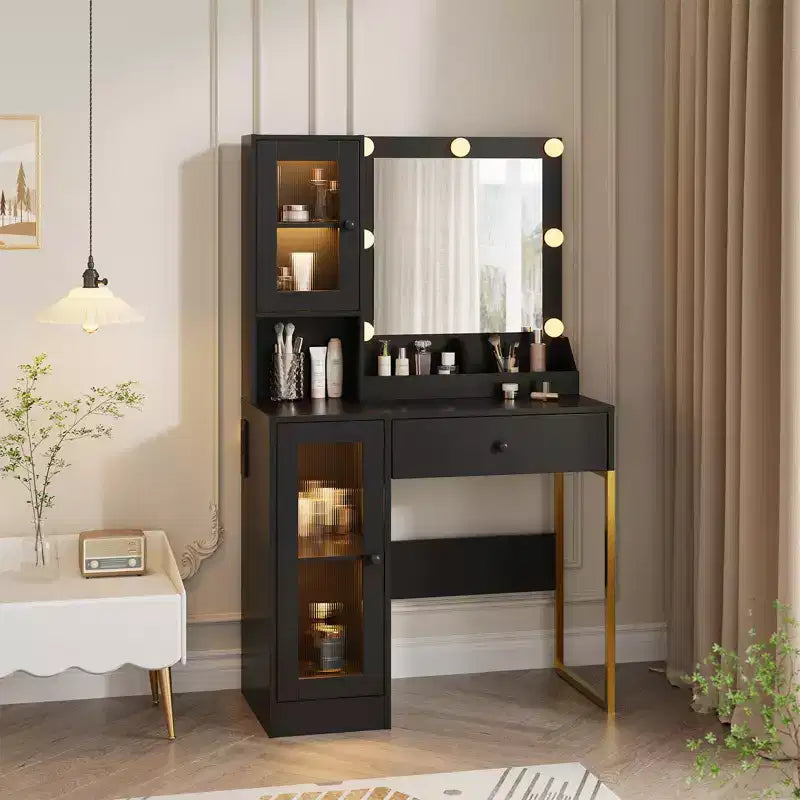 Vanity Desk with Mirror and Lights, Makeup Dressing Table w/Adjustable Bulbs, Sturdy MDF Top & Metal Leg, Smart Storage Drawers & Cabinets for Bedroom