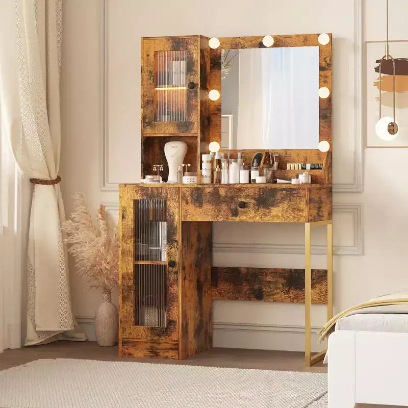 Vanity Desk with Mirror and Lights, Makeup Dressing Table w/Adjustable Bulbs, Sturdy MDF Top & Metal Leg, Smart Storage Drawers & Cabinets for Bedroom