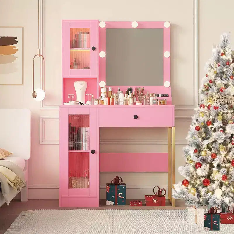 Vanity Desk with Mirror and Lights, Makeup Dressing Table w/Adjustable Bulbs, Sturdy MDF Top & Metal Leg, Smart Storage Drawers & Cabinets for Bedroom