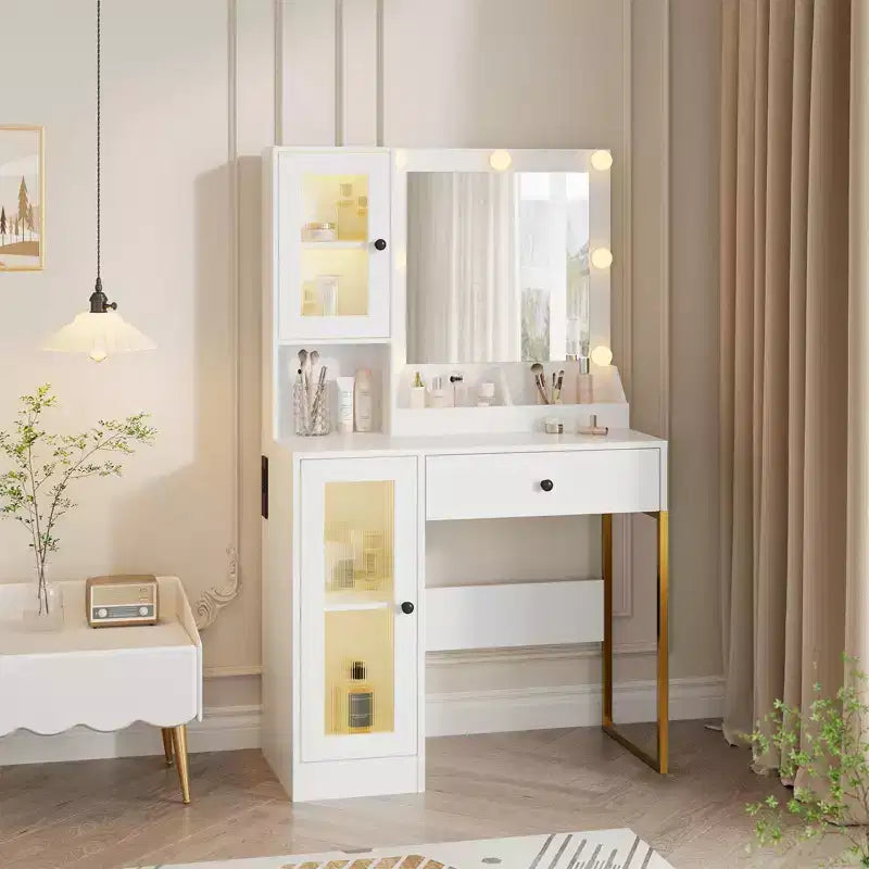 Vanity Desk with Mirror and Lights, Makeup Dressing Table w/Adjustable Bulbs, Sturdy MDF Top & Metal Leg, Smart Storage Drawers & Cabinets for Bedroom