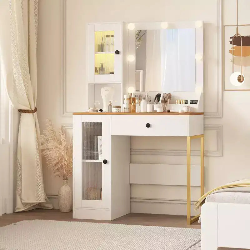 Vanity Desk with Mirror and Lights, Makeup Dressing Table w/Adjustable Bulbs, Sturdy MDF Top & Metal Leg, Smart Storage Drawers & Cabinets for Bedroom