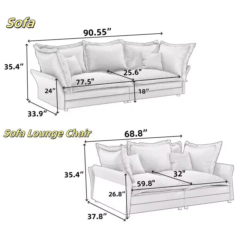 90.55 Modern Sofa Couch, Comfy Upholstered Deep Seat Sofa with Pillows, Convertible Loveseat for Living Room Bedroom Apartment Office