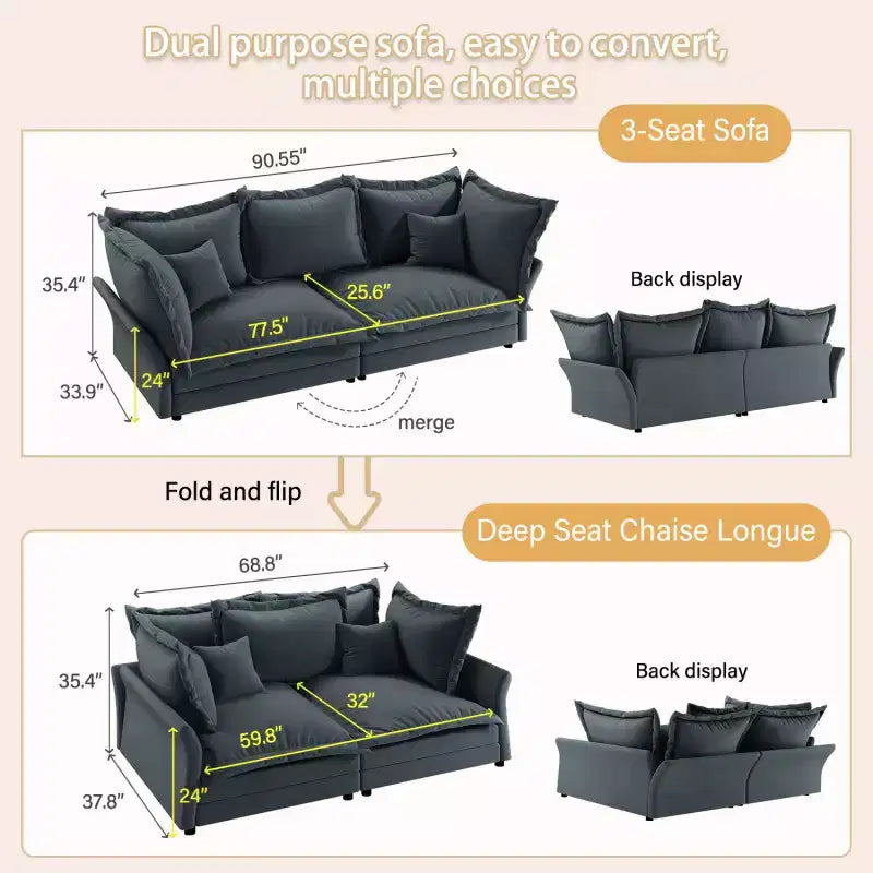 90.55 Modern Sofa Couch, Comfy Upholstered Deep Seat Sofa with Pillows, Convertible Loveseat for Living Room Bedroom Apartment Office