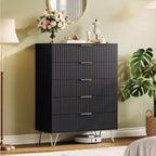32 Inch Wide Fluted 5-Drawer Dresser, Black Finish with Metal Handles, Multi-Functional Storage Organizer for Bedroom Living Room Hallway