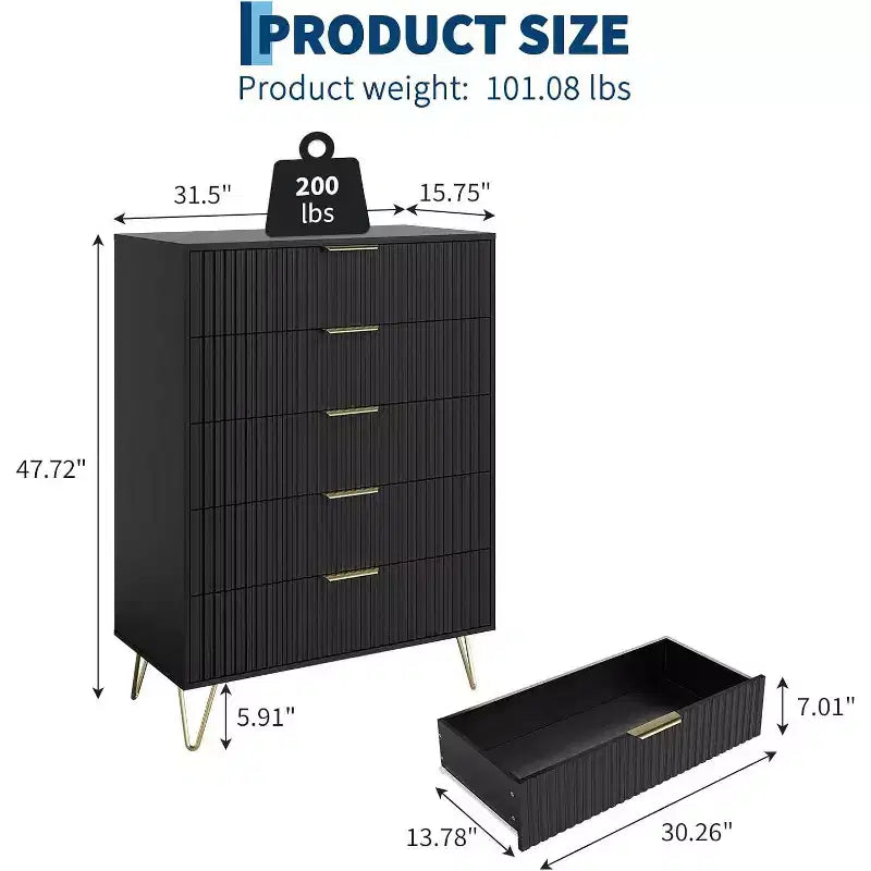 32 Inch Wide Fluted 5-Drawer Dresser, Black Finish with Metal Handles, Multi-Functional Storage Organizer for Bedroom Living Room Hallway