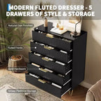Commode 5 tiroirs cannelée de 81 cm de large, finition noire avec poignées en métal, meuble de rangement multifonctionnel pour chambre, salon, couloir