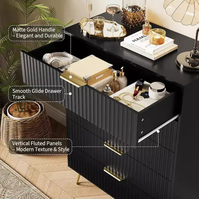 32 Inch Wide Fluted 5-Drawer Dresser, Black Finish with Metal Handles, Multi-Functional Storage Organizer for Bedroom Living Room Hallway