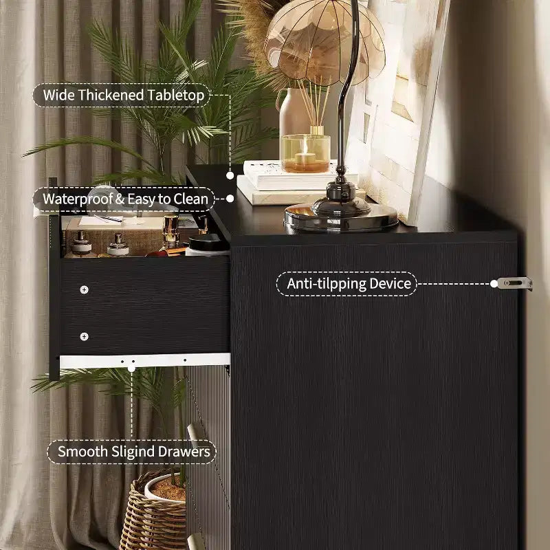 32 Inch Wide Fluted 5-Drawer Dresser, Black Finish with Metal Handles, Multi-Functional Storage Organizer for Bedroom Living Room Hallway