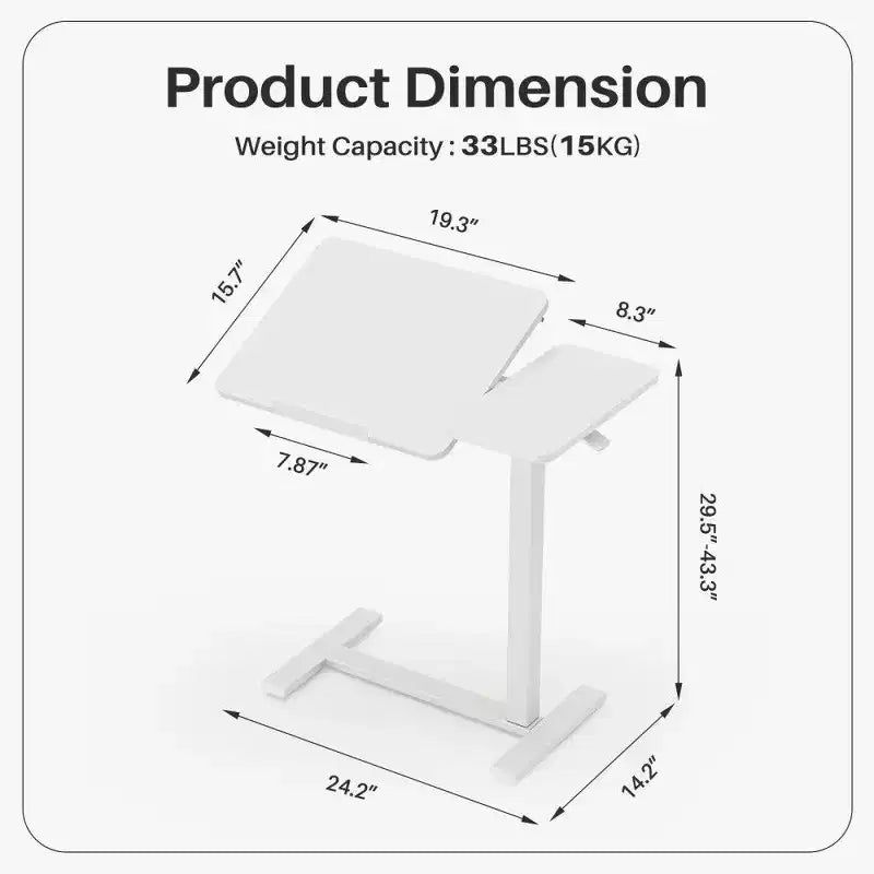 Height Adjustable Overbed Desk with Tilting Desktop, 29.5-43.3'' Pneumatic Lift Desk with Hidden Wheels for Home & Office