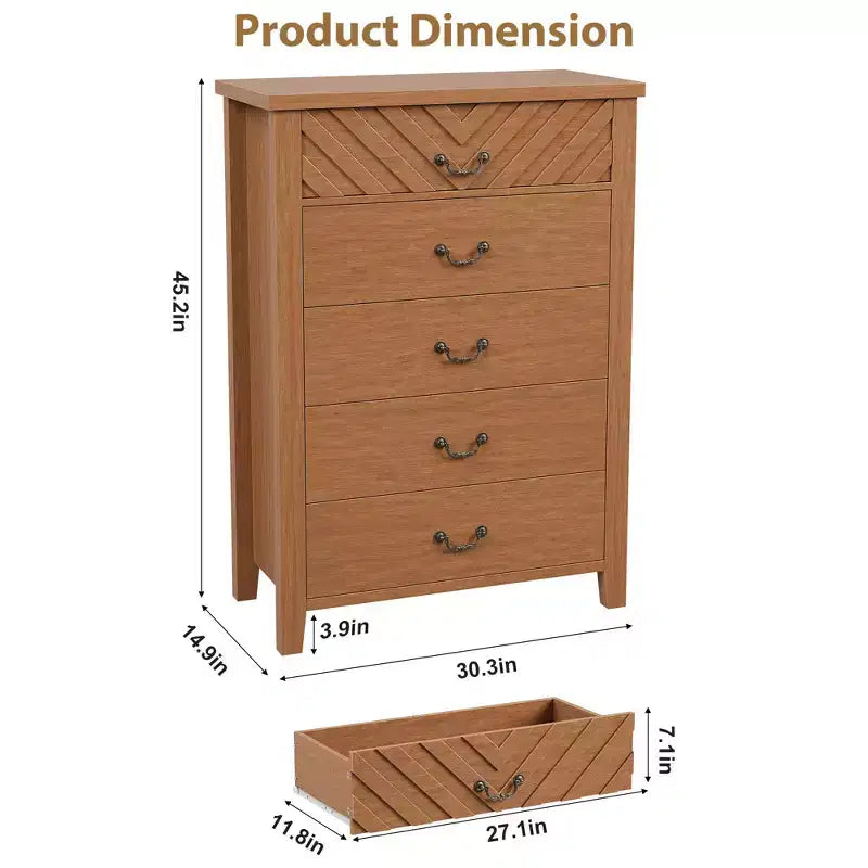 5 Drawer Dresser for Bedroom, Brown 5 Chest of Drawers Nightstand with Elegant V Shape Design, Wooden Dresser Organizer for Living Room, Entryway