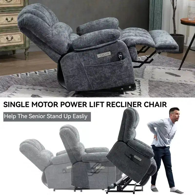 23 Seat Width and High Back Large Size Blue Grey Chenille Power Lift Recliner Chair with 8-Point Vibration Massage and Lumbar Heating