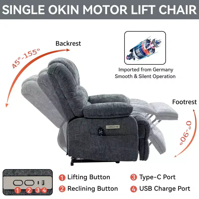 23 Seat Width and High Back Large Size Blue Grey Chenille Power Lift Recliner Chair with 8-Point Vibration Massage and Lumbar Heating