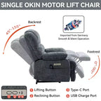 Fauteuil inclinable électrique de grande taille en chenille gris bleu de 58,4 cm de large avec dossier haut, massage vibrant 8 points et chauffage lombaire
