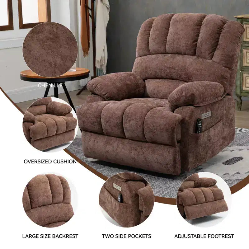 23 Seat Width and High Back Large Size Blue Grey Chenille Power Lift Recliner Chair with 8-Point Vibration Massage and Lumbar Heating