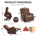 Fauteuil inclinable électrique de grande taille en chenille gris bleu de 58,4 cm de large avec dossier haut, massage vibrant 8 points et chauffage lombaire