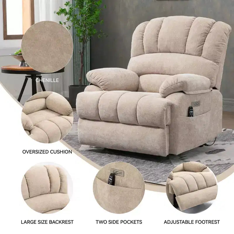 23 Seat Width and High Back Large Size Blue Grey Chenille Power Lift Recliner Chair with 8-Point Vibration Massage and Lumbar Heating