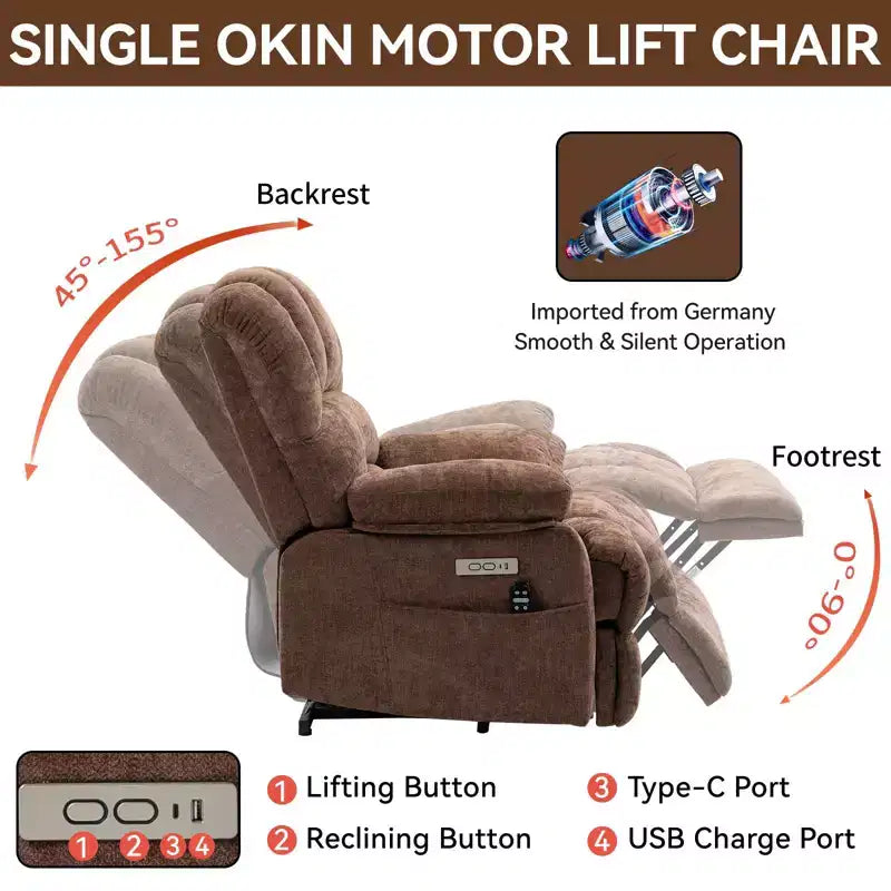 23 Seat Width and High Back Large Size Blue Grey Chenille Power Lift Recliner Chair with 8-Point Vibration Massage and Lumbar Heating