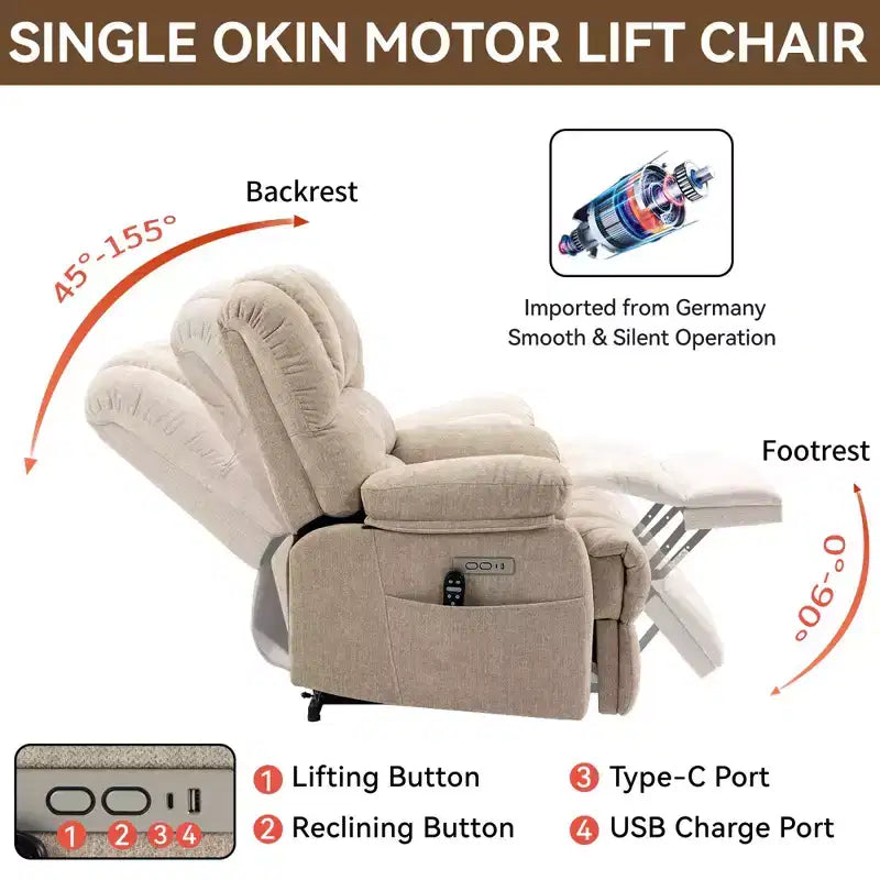 23 Seat Width and High Back Large Size Blue Grey Chenille Power Lift Recliner Chair with 8-Point Vibration Massage and Lumbar Heating
