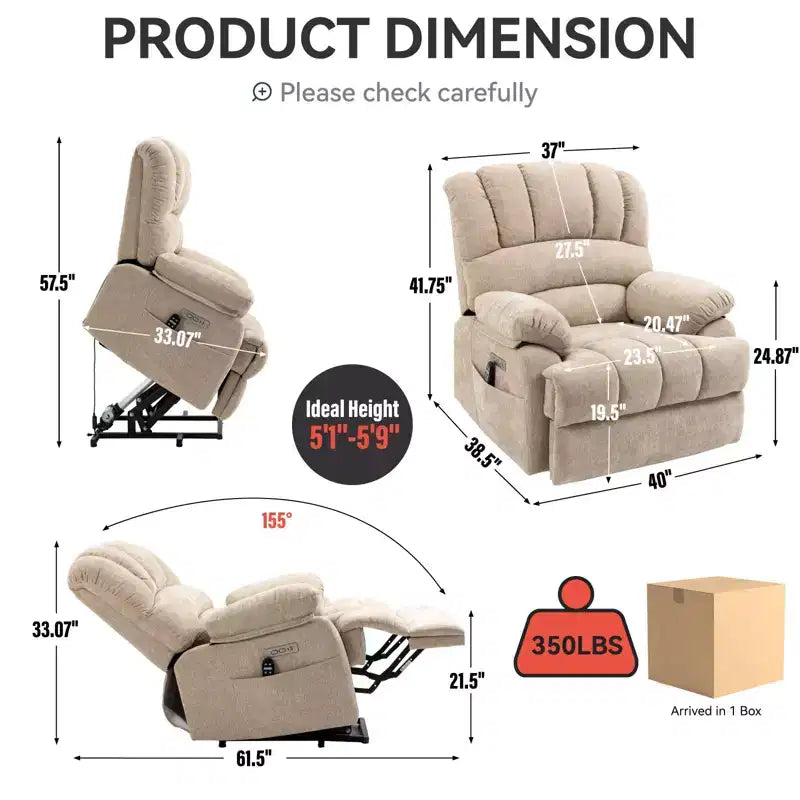 23 Seat Width and High Back Large Size Blue Grey Chenille Power Lift Recliner Chair with 8-Point Vibration Massage and Lumbar Heating