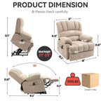 Fauteuil inclinable électrique de grande taille en chenille gris bleu de 58,4 cm de large avec dossier haut, massage vibrant 8 points et chauffage lombaire
