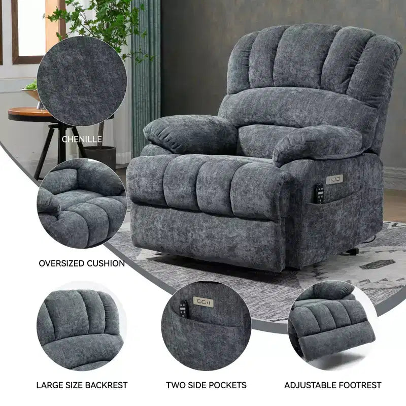 23 Seat Width and High Back Large Size Blue Grey Chenille Power Lift Recliner Chair with 8-Point Vibration Massage and Lumbar Heating