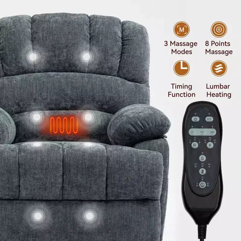 23 Seat Width and High Back Large Size Blue Grey Chenille Power Lift Recliner Chair with 8-Point Vibration Massage and Lumbar Heating