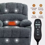 Fauteuil inclinable électrique de grande taille en chenille gris bleu de 58,4 cm de large avec dossier haut, massage vibrant 8 points et chauffage lombaire