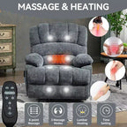 Fauteuil inclinable électrique de grande taille en chenille gris bleu de 58,4 cm de large avec dossier haut, massage vibrant 8 points et chauffage lombaire