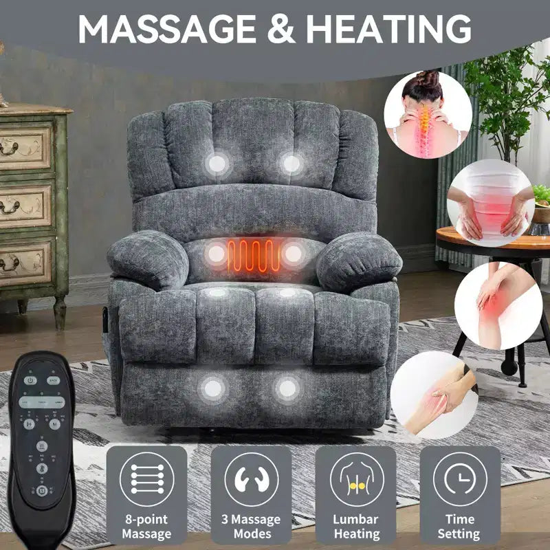 23 Seat Width and High Back Large Size Blue Grey Chenille Power Lift Recliner Chair with 8-Point Vibration Massage and Lumbar Heating
