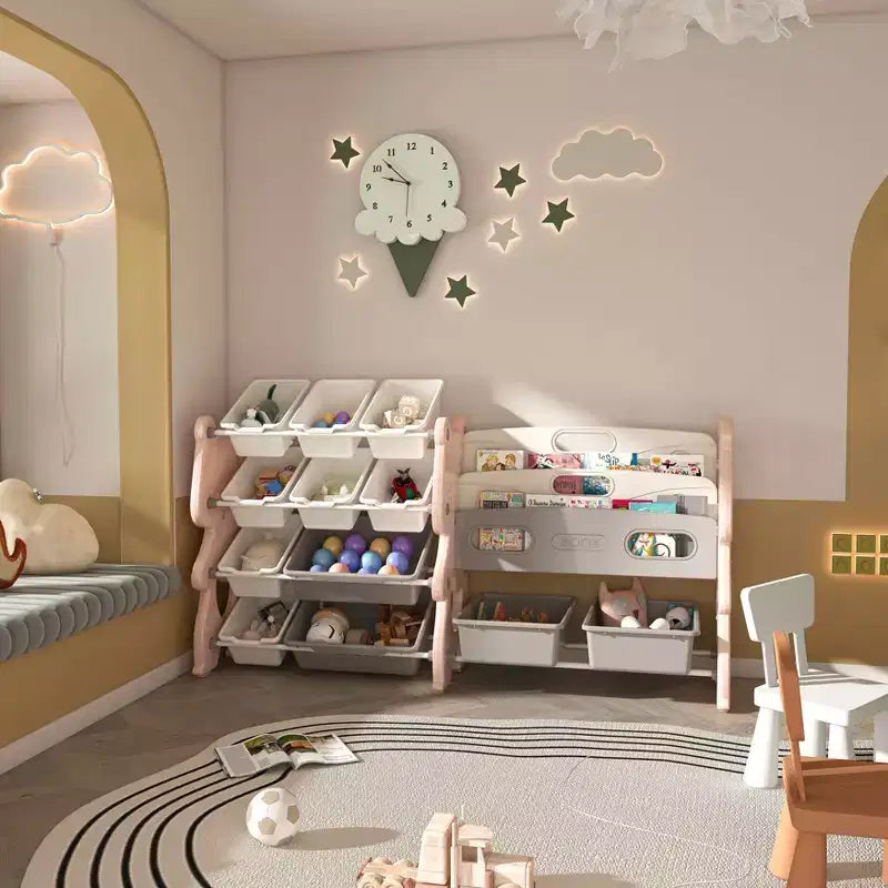Kids Toy Storage Organizer, 2 Tier Bookshelf 12 Toy Bins, Playroom Bedroom Kids Room Classroom