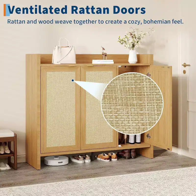 41 Rattan Shoe Storage Cabinet,Farmhouse Entryway Shoe Rack Organizer Cabinet with Doors & Adjustable for Hallway Living Room