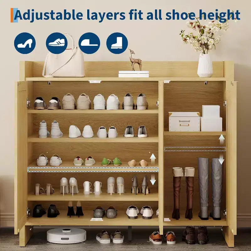 41 Rattan Shoe Storage Cabinet,Farmhouse Entryway Shoe Rack Organizer Cabinet with Doors & Adjustable for Hallway Living Room