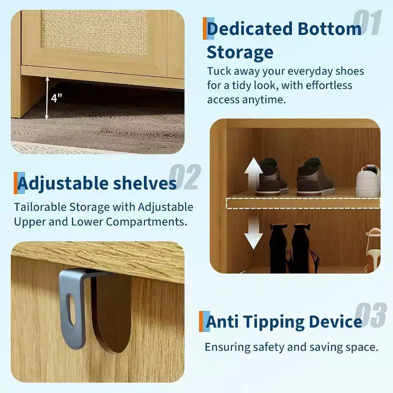 41 Rattan Shoe Storage Cabinet,Farmhouse Entryway Shoe Rack Organizer Cabinet with Doors & Adjustable for Hallway Living Room