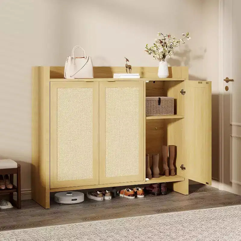 41 Rattan Shoe Storage Cabinet,Farmhouse Entryway Shoe Rack Organizer Cabinet with Doors & Adjustable for Hallway Living Room