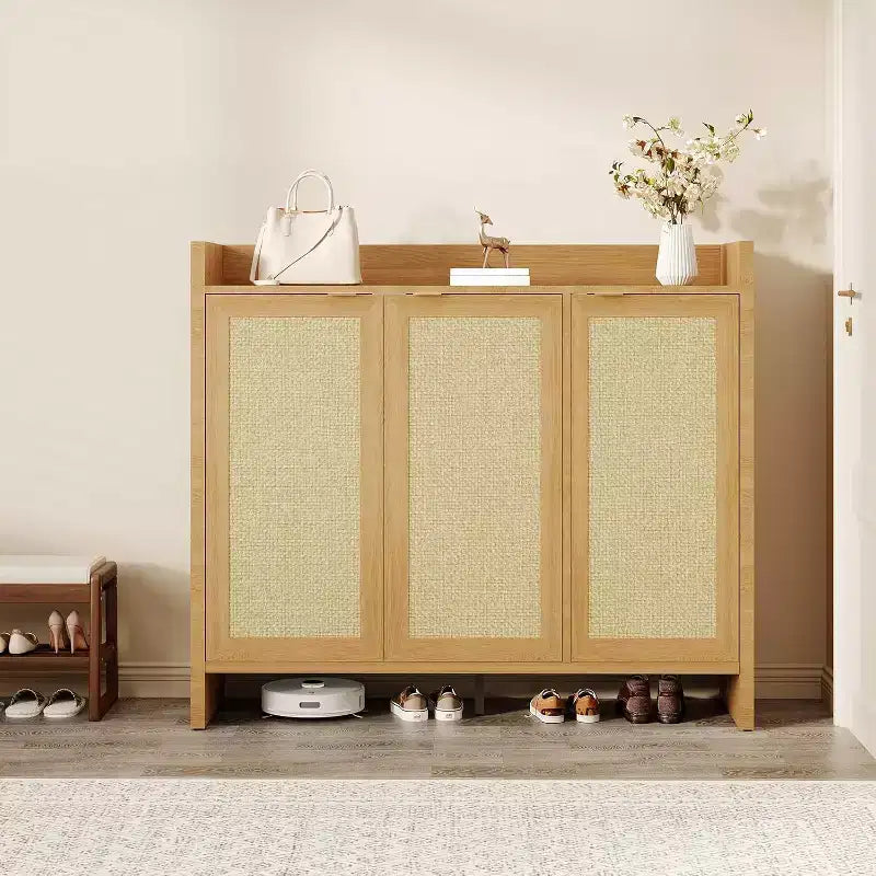 41 Rattan Shoe Storage Cabinet,Farmhouse Entryway Shoe Rack Organizer Cabinet with Doors & Adjustable for Hallway Living Room