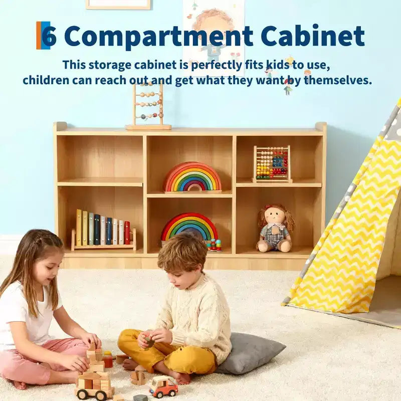 Montessori Shelf, 6 Compartment Toy & Book Organizer with Adjustable Dividers, Natural Finish Kids' Bookcase for Playrooms & Classrooms