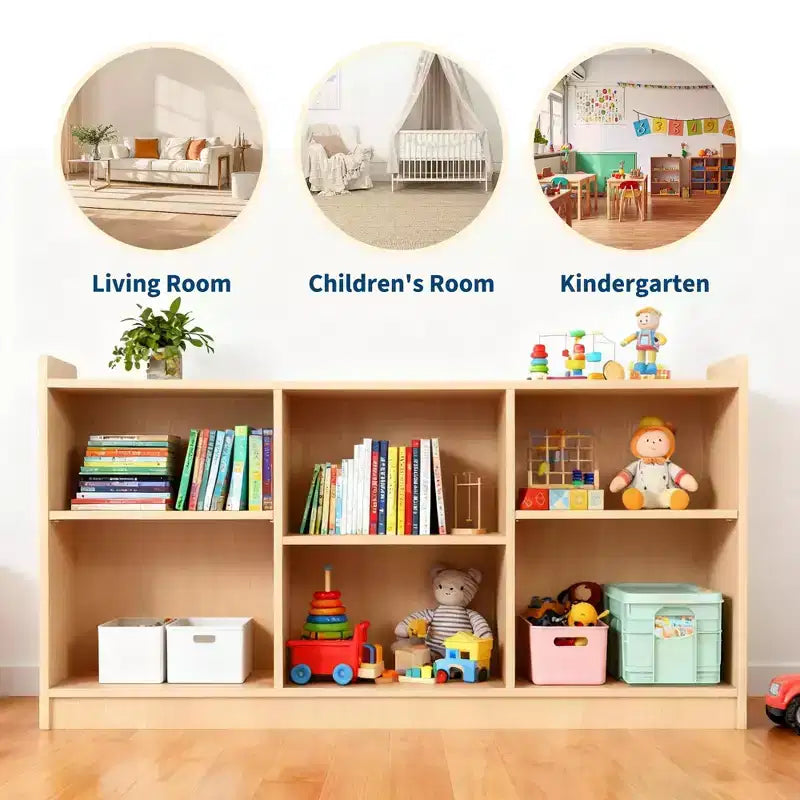 Montessori Shelf, 6 Compartment Toy & Book Organizer with Adjustable Dividers, Natural Finish Kids' Bookcase for Playrooms & Classrooms