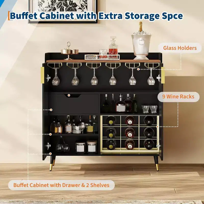 Modern Liquor Cabinet with Wine Rack and Buffet Sideboard, Fluted Glass Doors and Storage Drawers for Kitchen, Dining Room