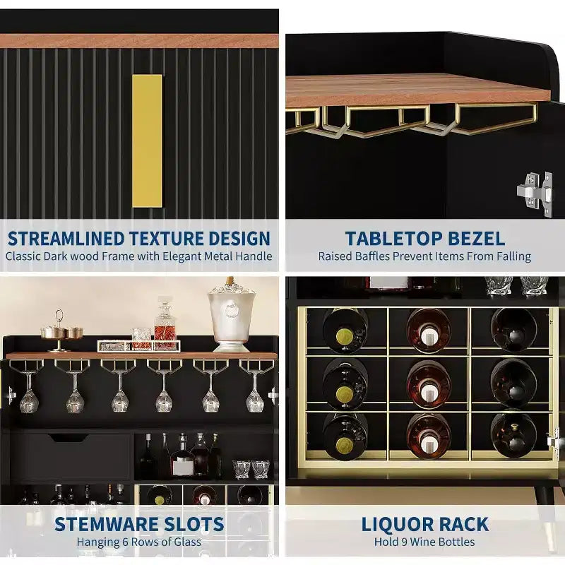 Modern Liquor Cabinet with Wine Rack and Buffet Sideboard, Fluted Glass Doors and Storage Drawers for Kitchen, Dining Room