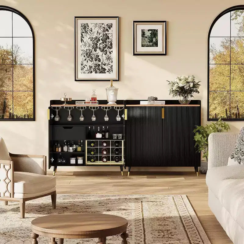 Modern Liquor Cabinet with Wine Rack and Buffet Sideboard, Fluted Glass Doors and Storage Drawers for Kitchen, Dining Room