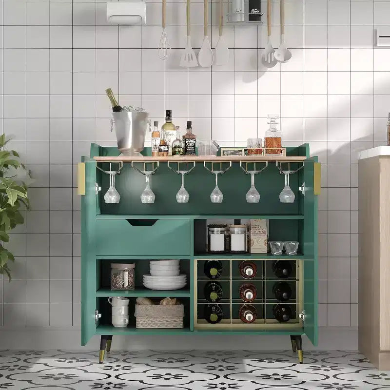 Modern Liquor Cabinet with Wine Rack and Buffet Sideboard, Fluted Glass Doors and Storage Drawers for Kitchen, Dining Room