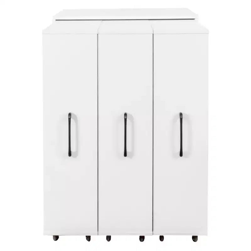 3-Door Sliding Bookcase, 3 Tier Floor Standing Bookcase with Pull-Out Storage and Casters - White