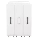 Bibliothèque à portes coulissantes 3 portes, étagère à 3 niveaux sur pied avec rangement coulissant et roulettes – Blanc
