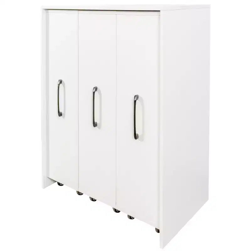 3-Door Sliding Bookcase, 3 Tier Floor Standing Bookcase with Pull-Out Storage and Casters - White